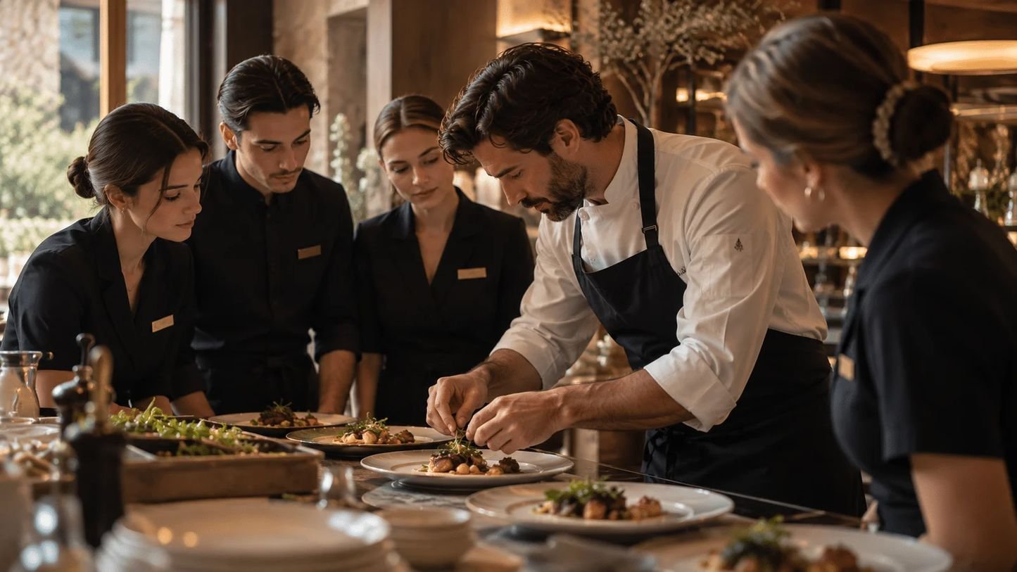 Briefing d’équipe autour du chef Formation hôtellerie de luxe Hotel Boost – formation des équipes et amélioration des standards de service